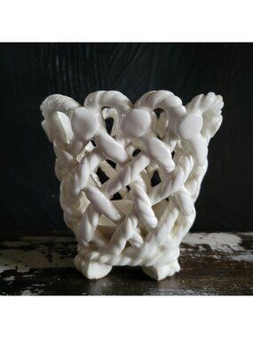 Vintage White Braided Rope Pottery Basket Vase Footed 4.25" Handmade From Spain